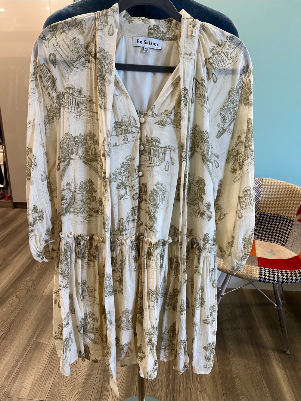 En Saison Cream Dress with Green Toile Print and Tie Neck